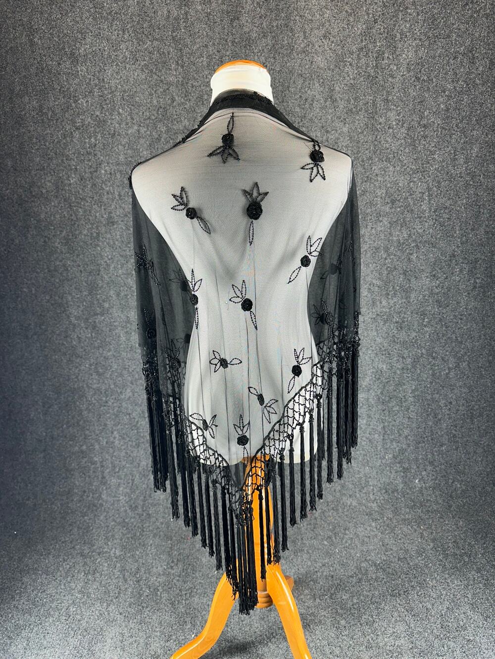 Valerie Stevens Black Beaded Mesh Shawl Scarf Fringe Floral Evening Wrap